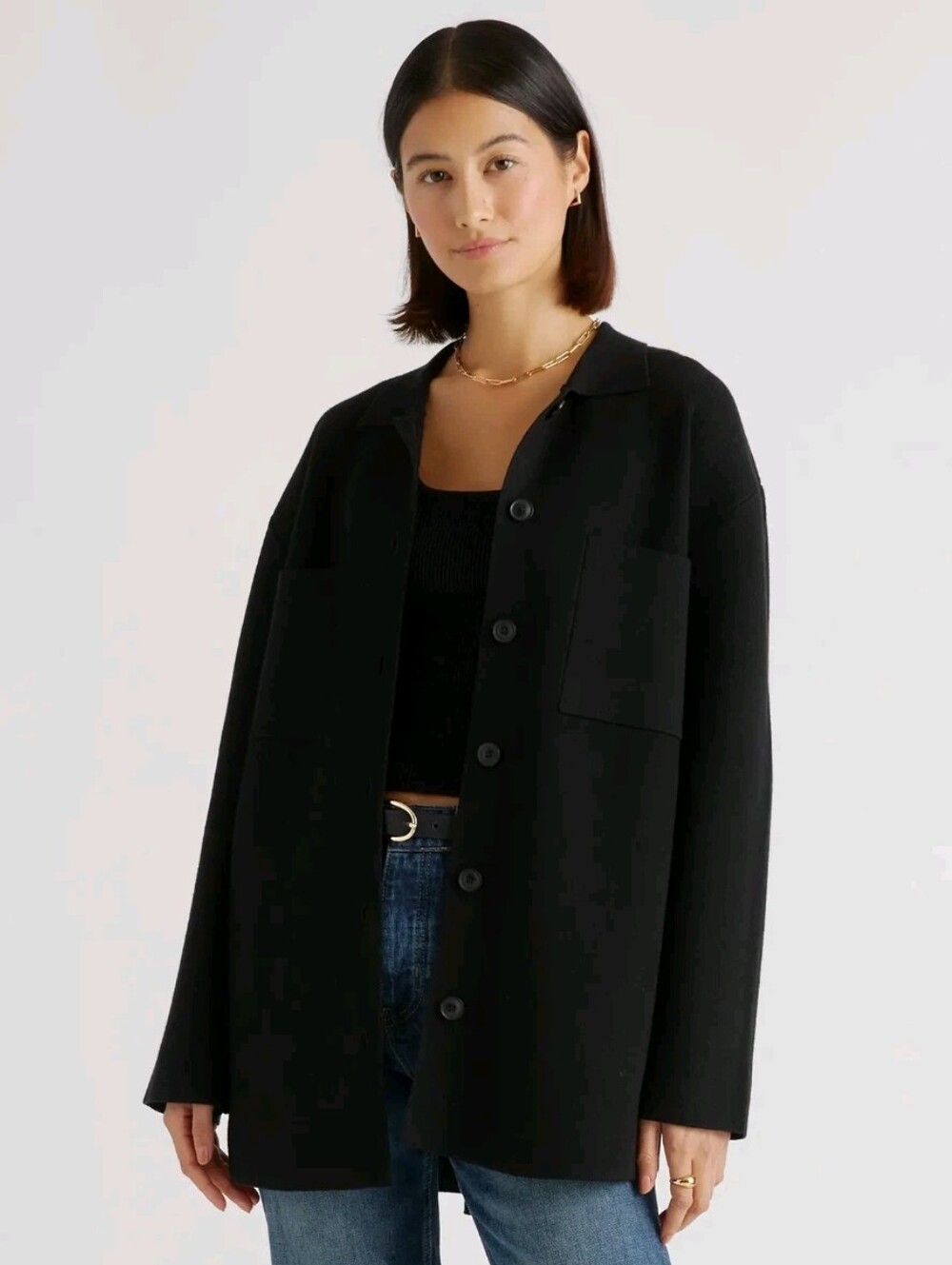 Quince Womens Eco-Knit Milano Stitch Shirt Jacket Oversized Shacket XS Black NWT